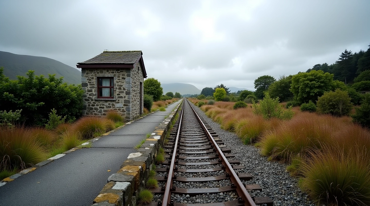 Historic railway platform with overgrown tracks and weathered signal box in rural Galway landscape