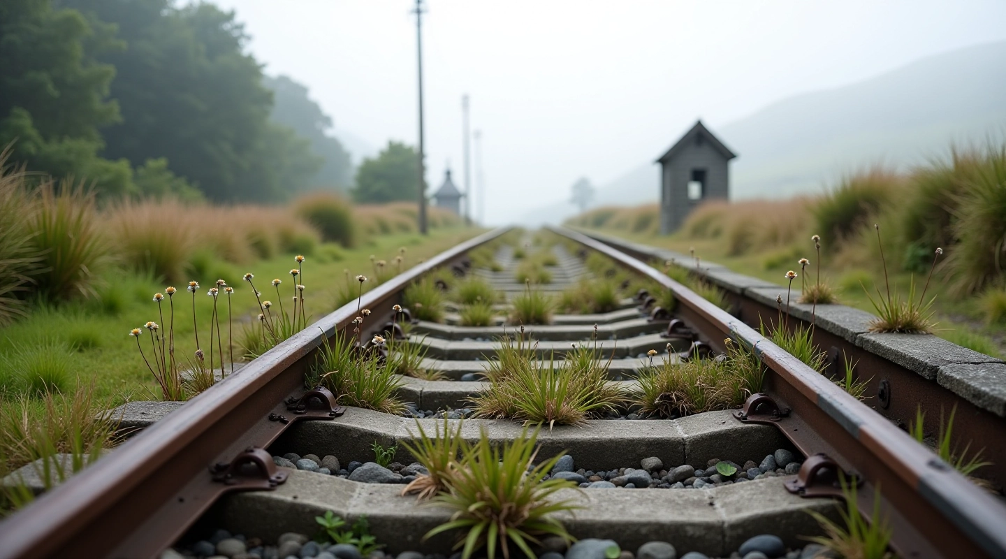 Overgrown railway platform with rusted metal rails and overgrown vegetation