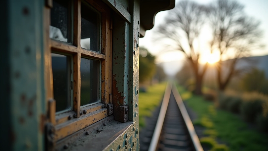Close-up of original Victorian signal box window with cast iron frame and weathered glass panes