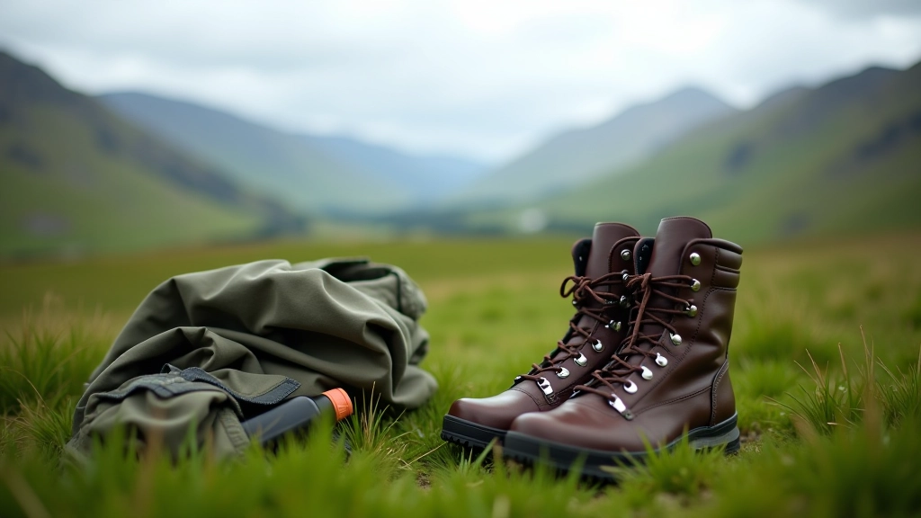 Outdoor hiking boots on grass with backpack and water bottle beside, mountain scenery blurred behind