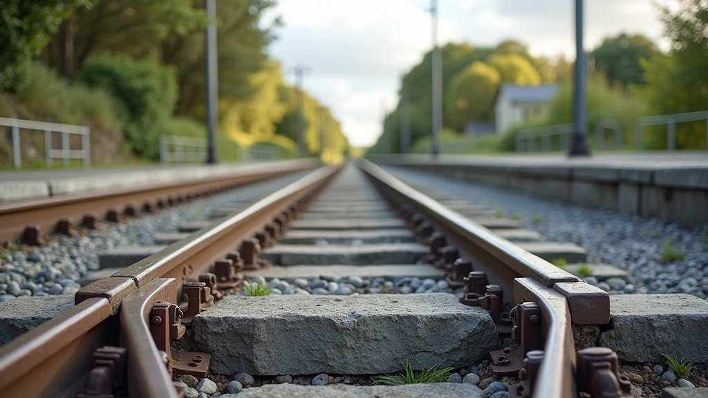 Historic railway platform infrastructure showing stone structures, metal railings, and architectural heritage details