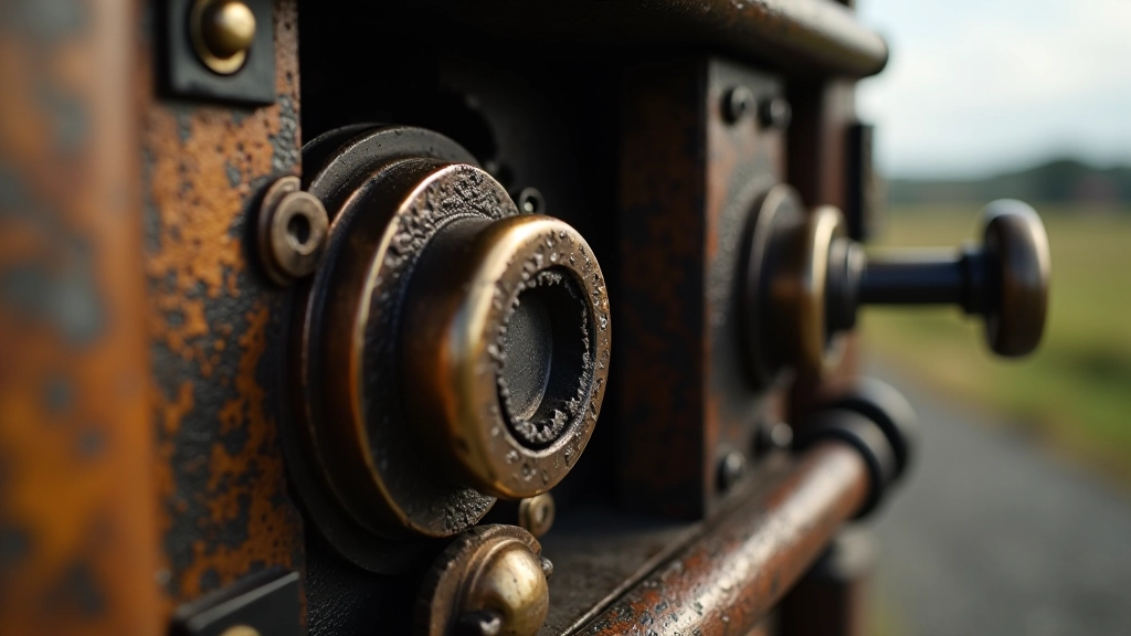 Close-up detail of historic railway signal box mechanism with cast iron components and weathered brass fittings