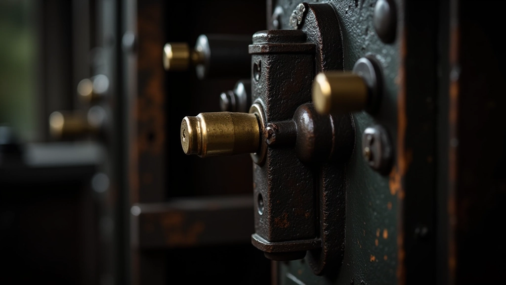 Interior mechanical lever frame of historic railway signal box showing brass and cast iron levers in operational arrangement