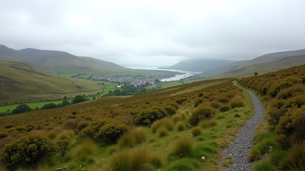 Clifden town landscape view from elevated railway platform viewpoint showing buildings and moorland terrain