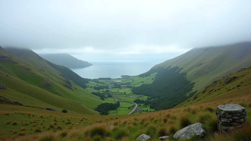Wide panoramic vista showing mountain ranges, distant ocean, and green valleys