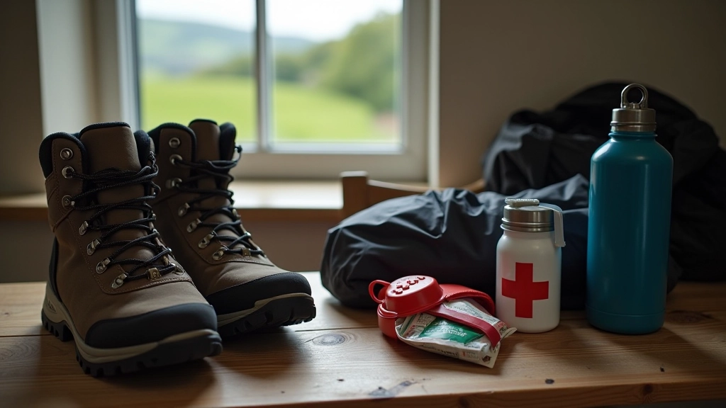 Hiking boots and walking gear laid out on a table with water bottle and jacket visible