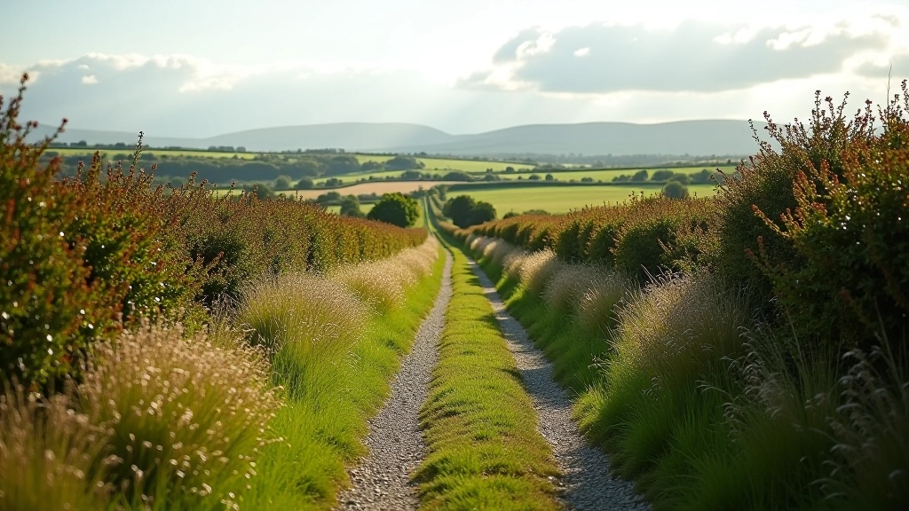 Quiet rural footpath in Galway countryside with stone walls and natural vegetation