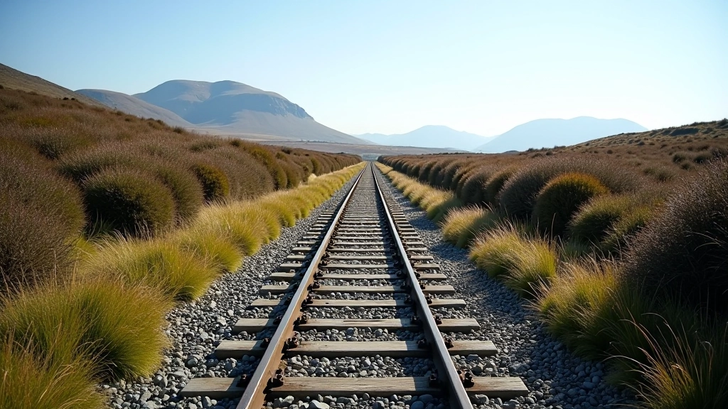 Walking path along historic railway platform with stone foundations, metal railings, and moorland views in Connemara