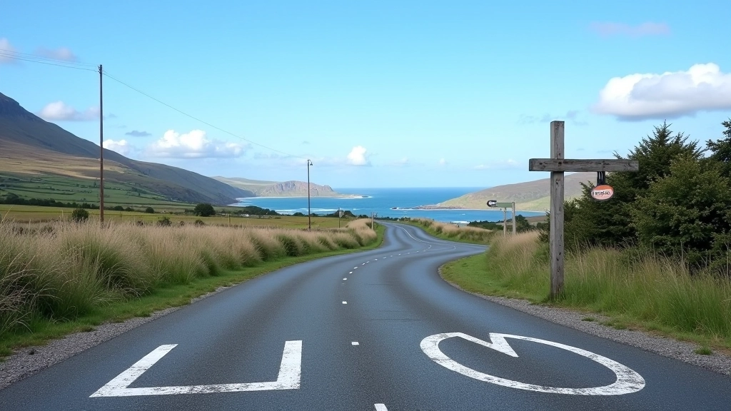 Rural car park with spaces marked out, coastal road in background, clear weather