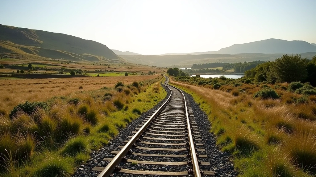 Scenic rural footpath alongside abandoned railway line with overgrown track bed and surrounding moorland