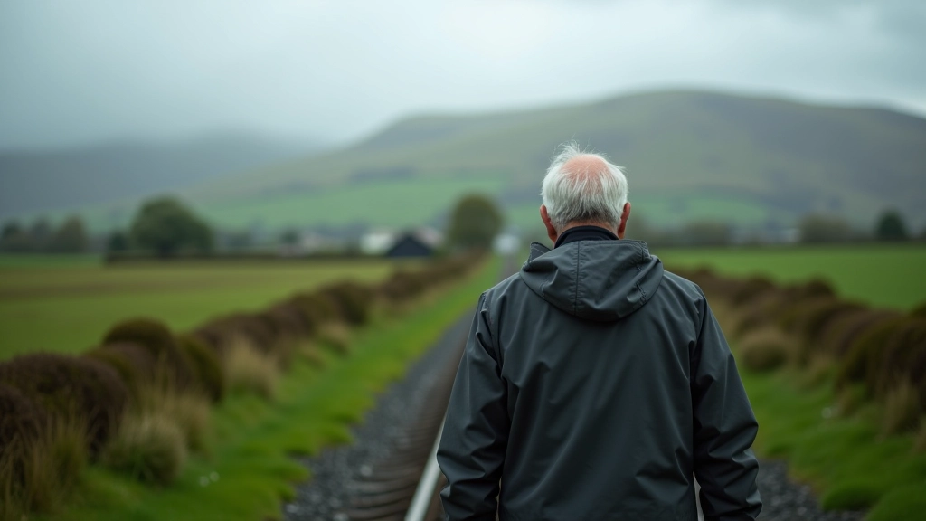 Person in rain jacket walking on railway path with green fields and low clouds in background