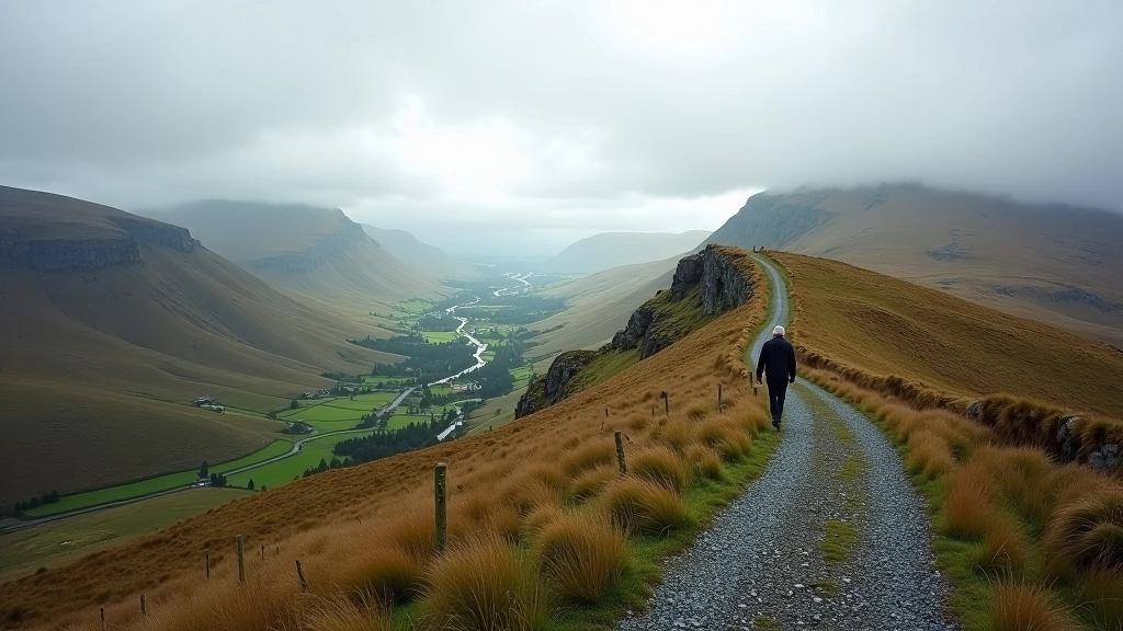 Mountain road with dramatic sky view overlooking valley landscape