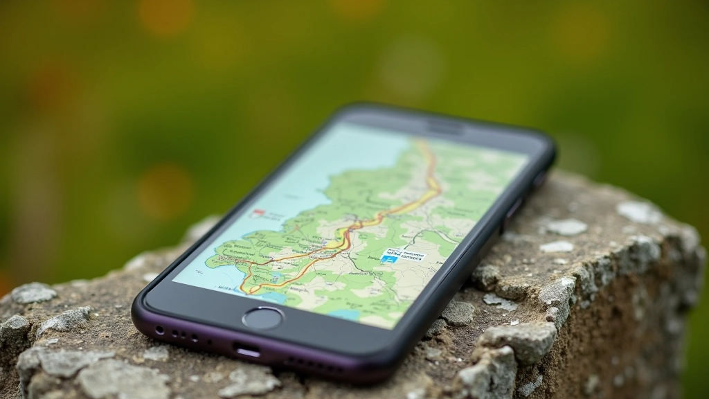 Mobile phone displaying a map of walking route with terrain and rest points marked