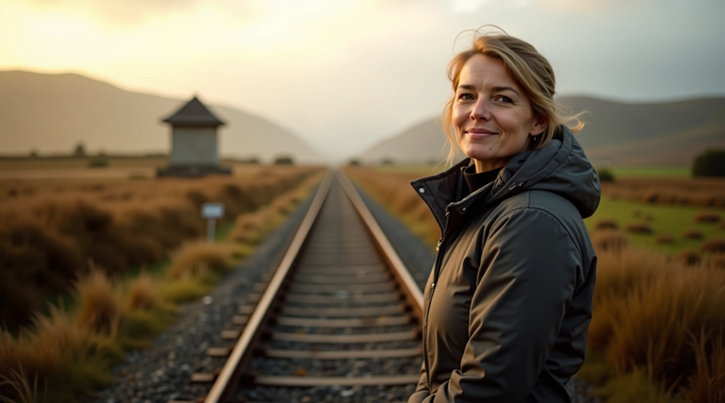 Walking guide on abandoned railway platform in Galway