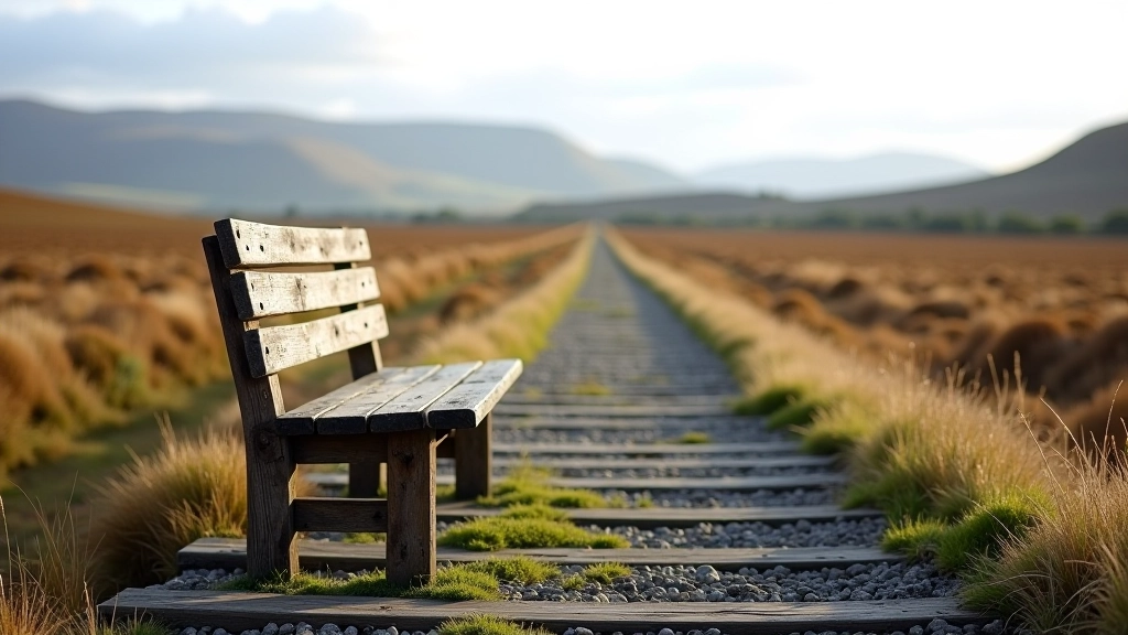 Wooden rest bench positioned on railway platform with countryside views and historic stone structures