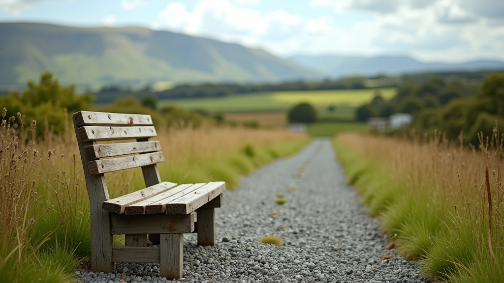 Wooden bench seat positioned on railway path with views across countryside and distant hills